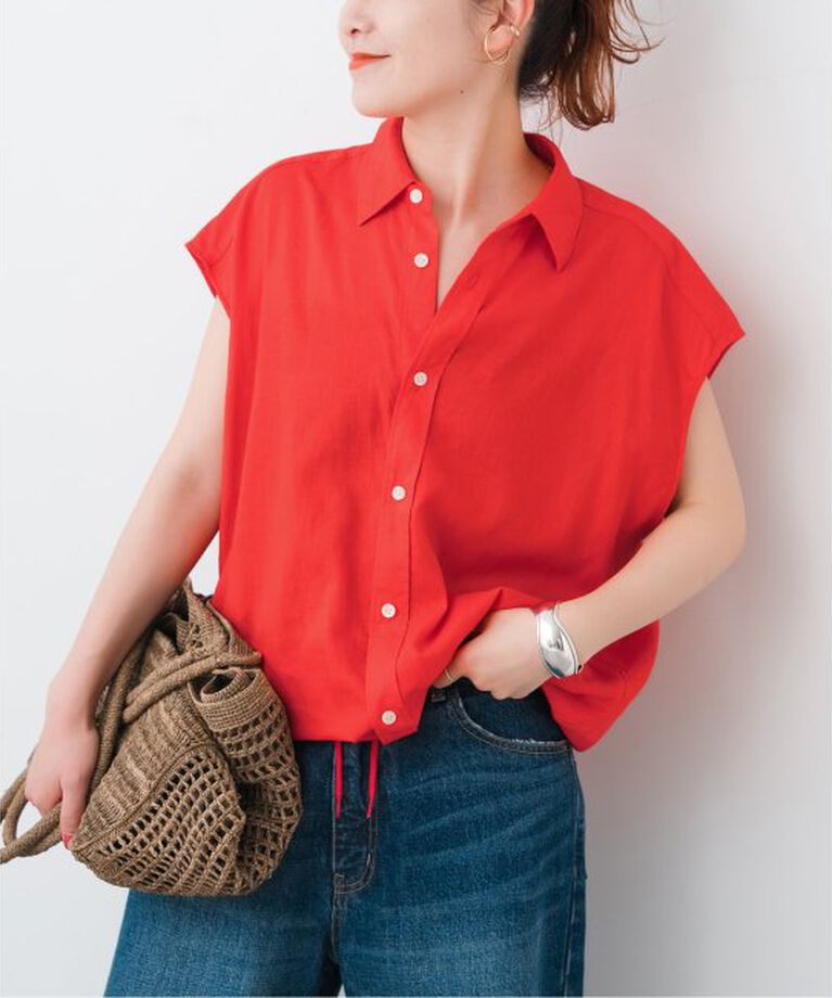 Spick and Span「リネンブレンドフレンチヘムギャザーシャツ」|シャツ・ブラウス|レッド