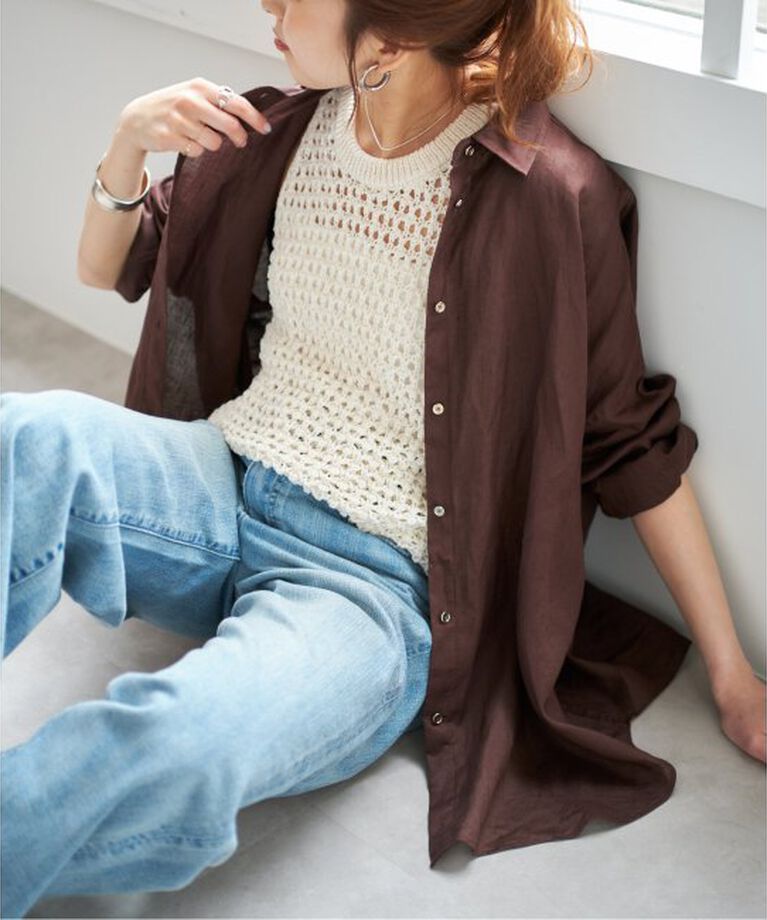 Spick and Span「《追加2》80リネンカシュクールビッグシャツ」|シャツ・ブラウス|ブラウン