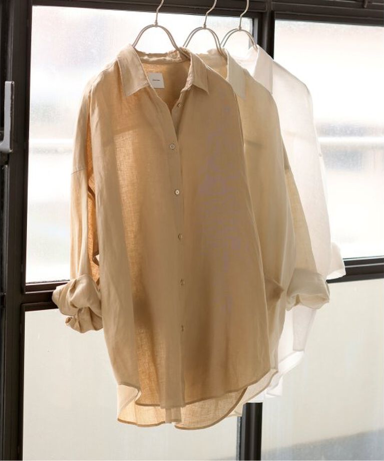 Spick and Span「《追加2》80リネンカシュクールビッグシャツ」|シャツ・ブラウス|キャメル