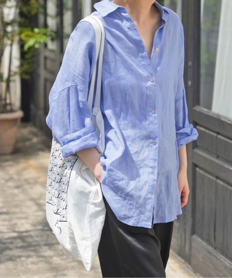 Spick and Span「《追加2》80リネンカシュクールビッグシャツ」|シャツ・ブラウス|サックスブルー