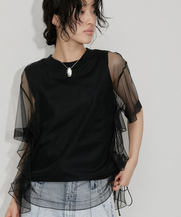 ADAM ET ROPE'「【再入荷・洗える・サステナブル】ギャザーチュールトップス」|その他|ブラック(01)