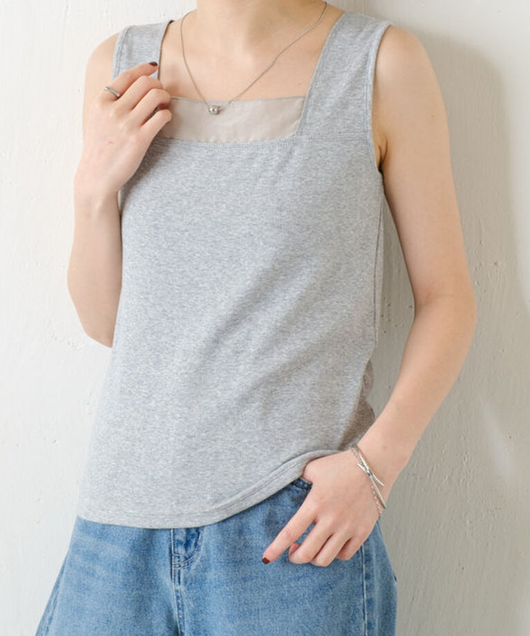  「 シアー切り替えスクエアタンクトップ」|Tシャツ・カットソー|ライトグレー