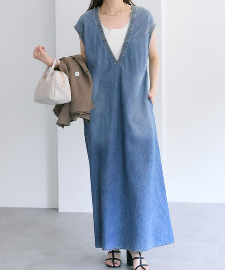  「【25th】綿麻デニムVネックワンピース」|ワンピース|