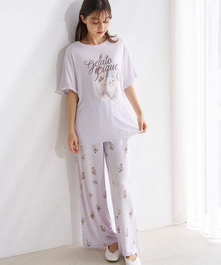 gelato pique「【ONLINE限定】CAT柄ワンポイントTシャツ&ロングパンツセット」|ルームウェア|