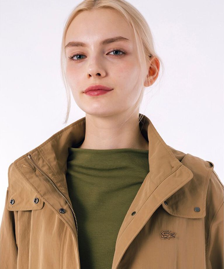 LACOSTE「フード脱着可 撥水ナイロン スタンドカラー ミリタリーコート / ロングコート」|ステンカラーコート|