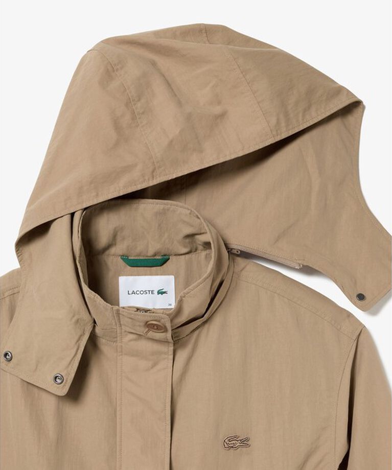 LACOSTE「フード脱着可 撥水ナイロン スタンドカラー ミリタリーコート / ロングコート」|ステンカラーコート|