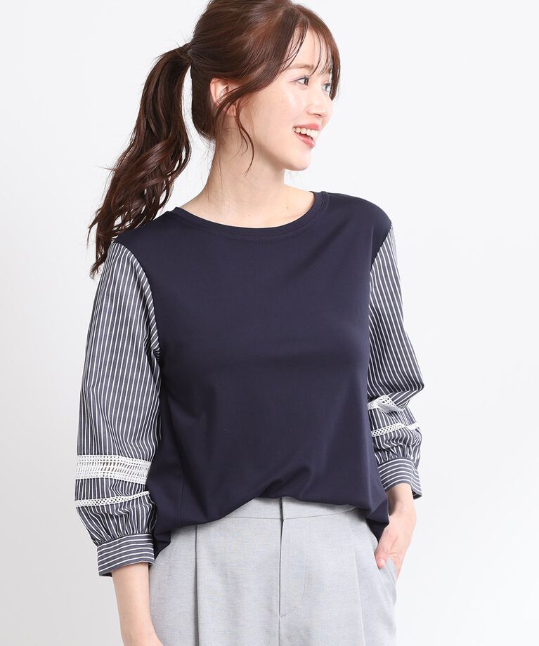 Reflect「【E‐QUALITY／手洗い可】レーススリーブブラウス」|Tシャツ・カットソー|ネイビー(394)