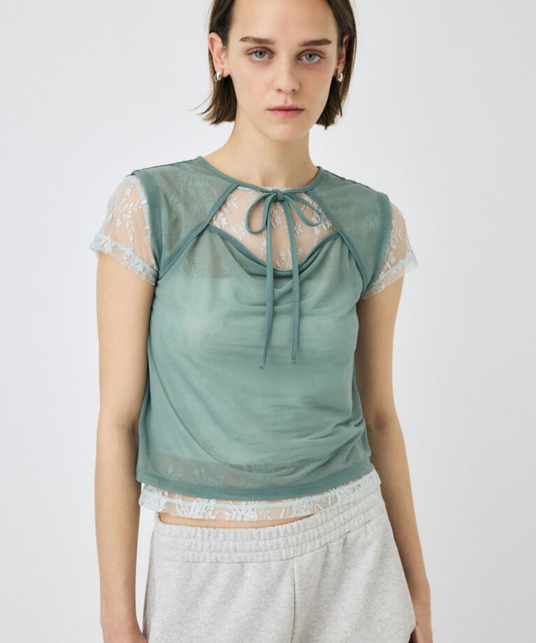 MOUSSY「LACE LAYERED OPEN NECK トップス」|Tシャツ・カットソー|