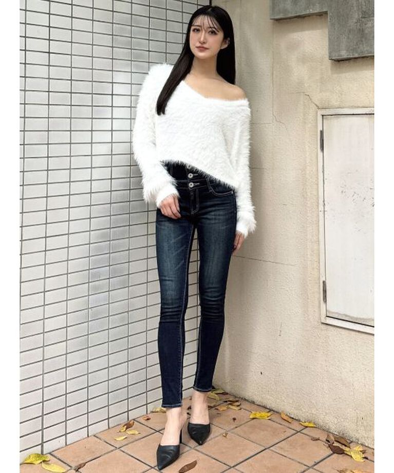 GYDA「ハイウエストウエストクロススキニーデニムパンツ」|デニム|