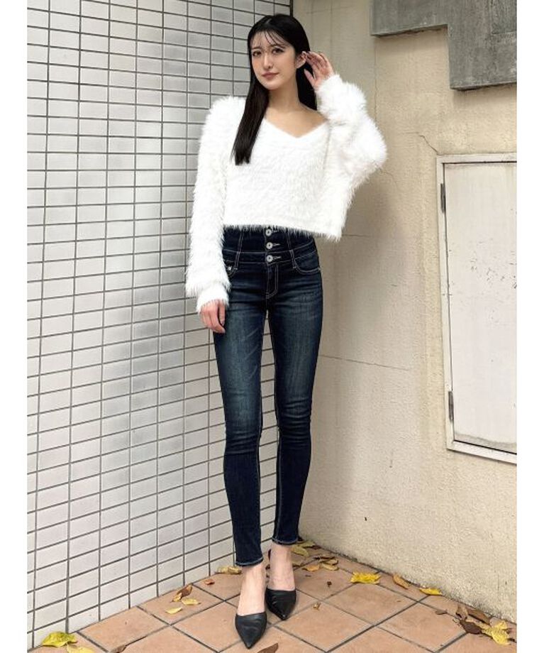 GYDA「ハイウエストウエストクロススキニーデニムパンツ」|デニム|