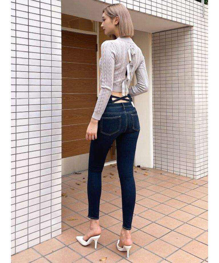 GYDA「ハイウエストウエストクロススキニーデニムパンツ」|デニム|