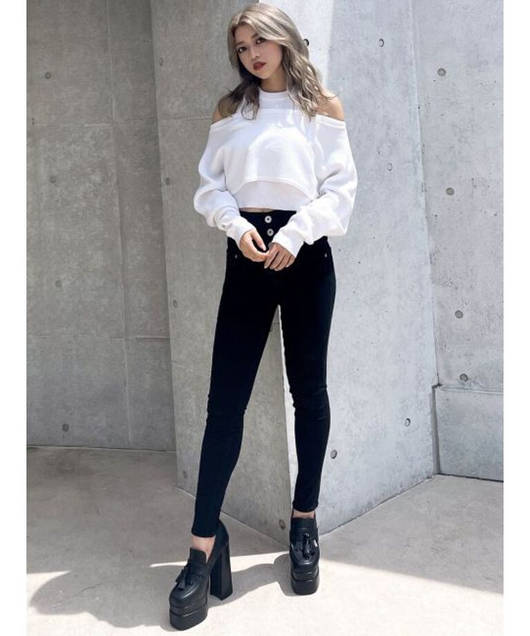 GYDA「ハイウエストウエストクロススキニーデニムパンツ」|デニム|