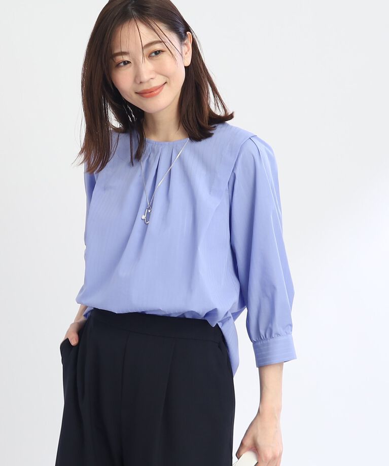 Reflect「【SALE／接触冷感／洗える】ふんわりスリーブストライプブラウス」|シャツ・ブラウス|