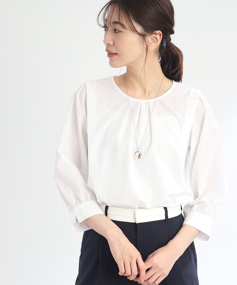 Reflect「【SALE／接触冷感／洗える】ふんわりスリーブストライプブラウス」|シャツ・ブラウス|