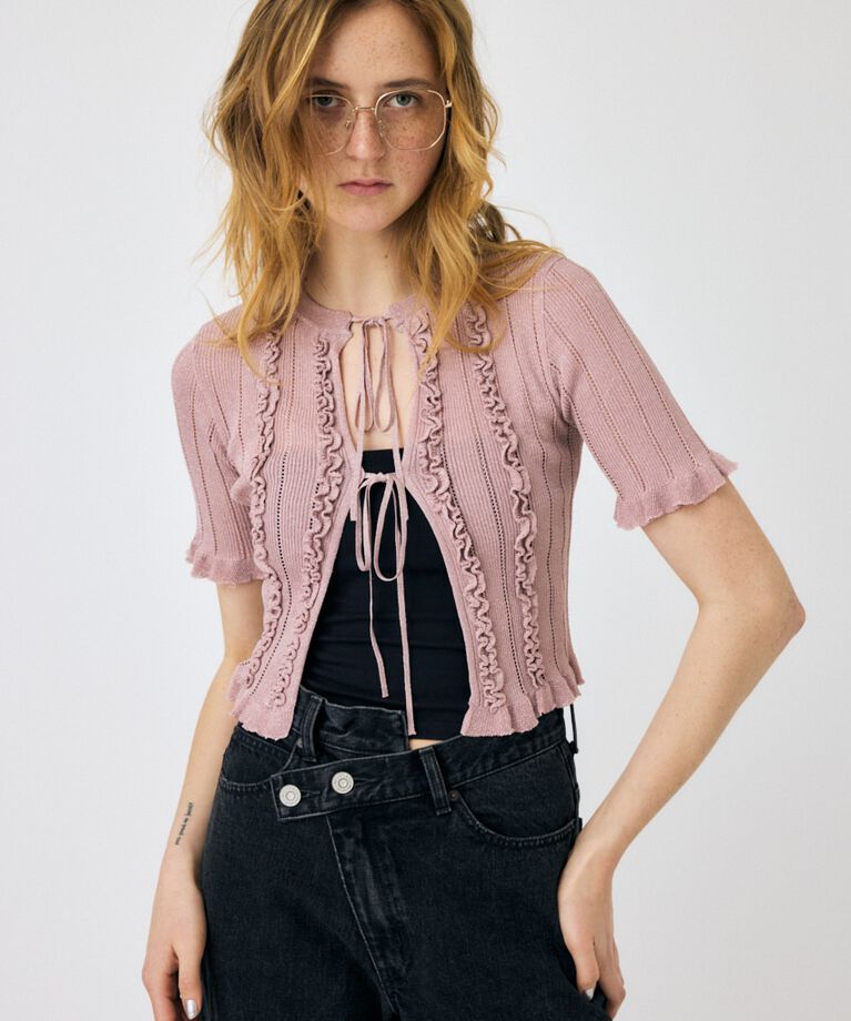 MOUSSY「FRILL STRIPED カーディガン」|ニット・セーター|L/PNK1