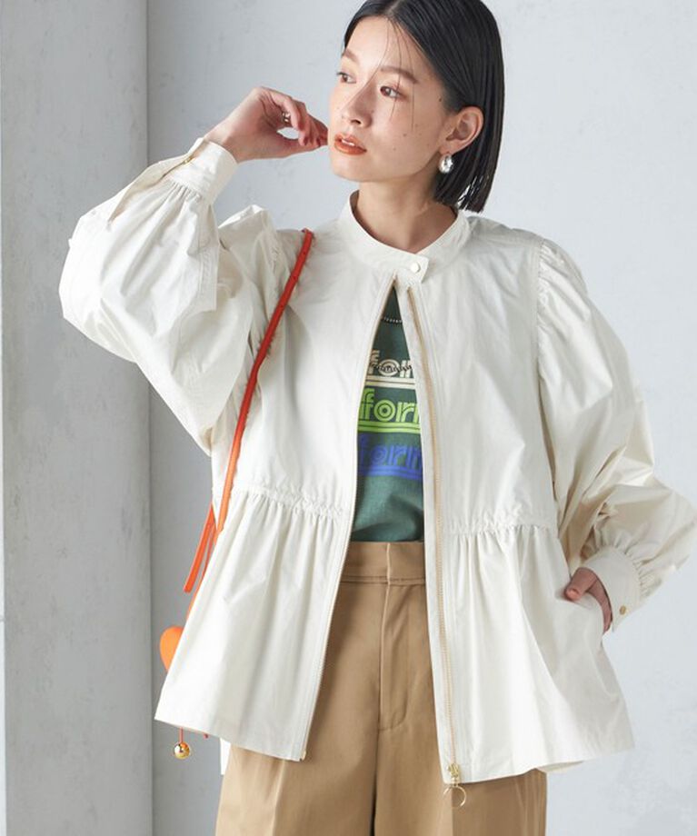 SHIPS for women「〈手洗い可能〉割繊 ナイロン スタンドカラー ギャザー ブルゾン◇」|ブルゾン・スタジャン|オフホワイト