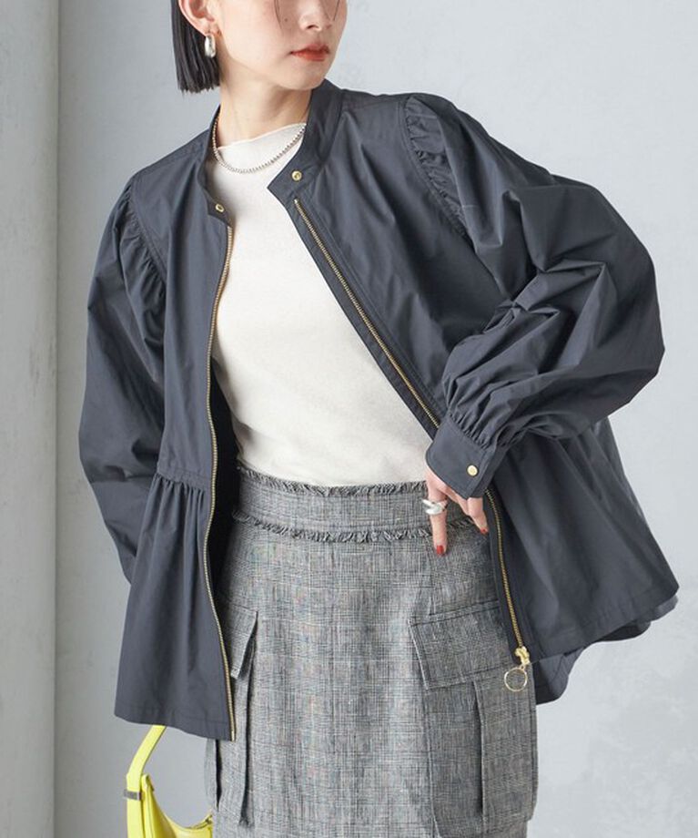 SHIPS for women「〈手洗い可能〉割繊 ナイロン スタンドカラー ギャザー ブルゾン◇」|ブルゾン・スタジャン|ブラック