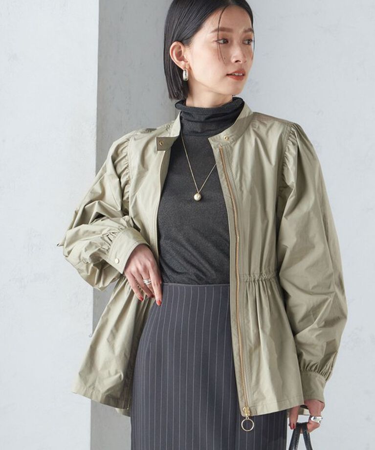 SHIPS for women「〈手洗い可能〉割繊 ナイロン スタンドカラー ギャザー ブルゾン◇」|ブルゾン・スタジャン|オリーブ