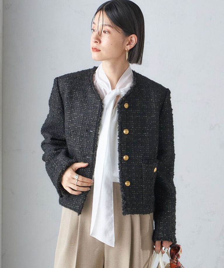 SHIPS for women「GIOLICA: ツイード ノーカラー ジャケット」|ノーカラージャケット|