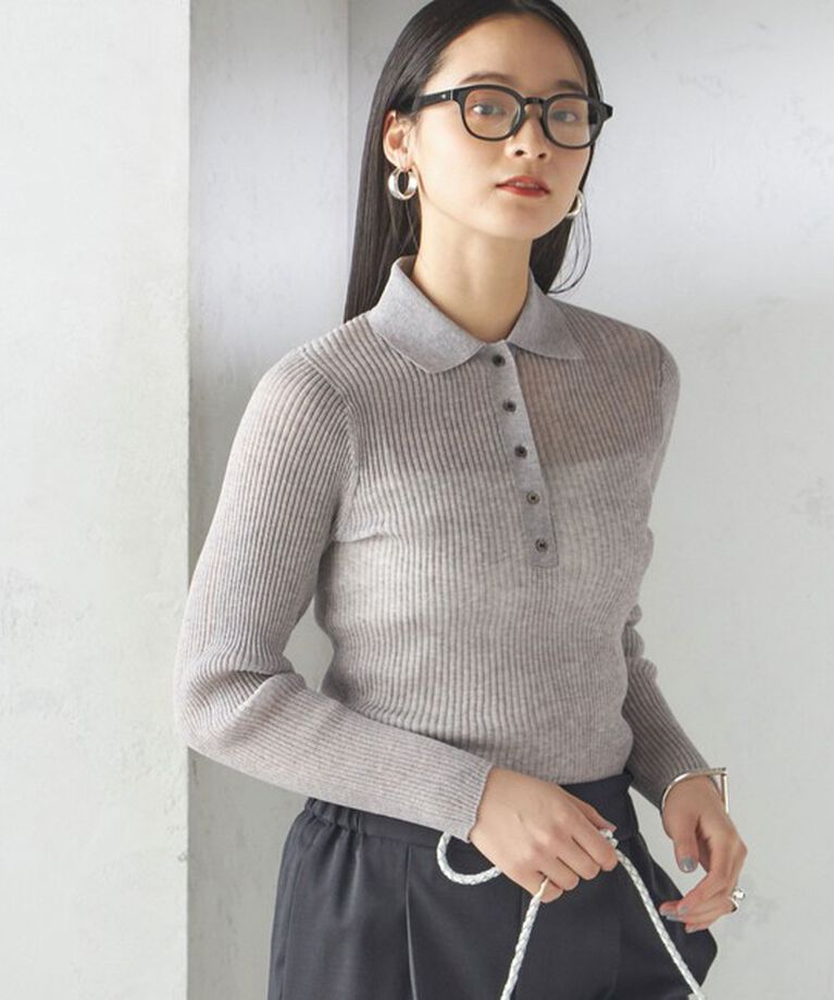 SHIPS for women「〈手洗い可能〉シアー リブ 長袖 ポロ ニット」|ニット・セーター|ライトグレー