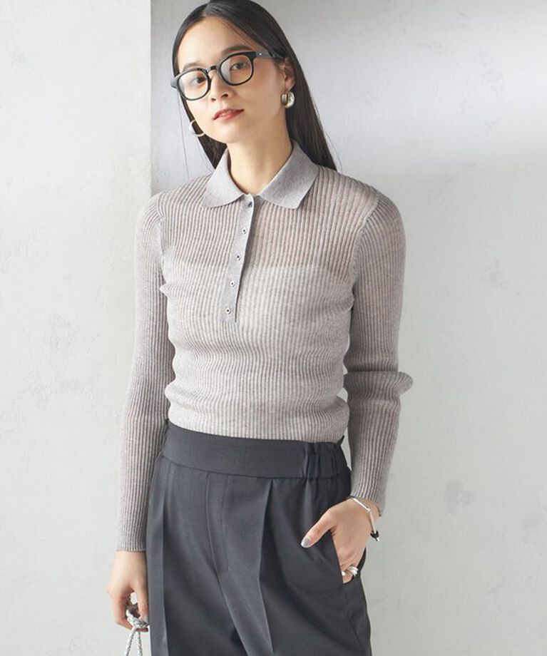 SHIPS for women「〈手洗い可能〉シアー リブ 長袖 ポロ ニット」|ニット・セーター|