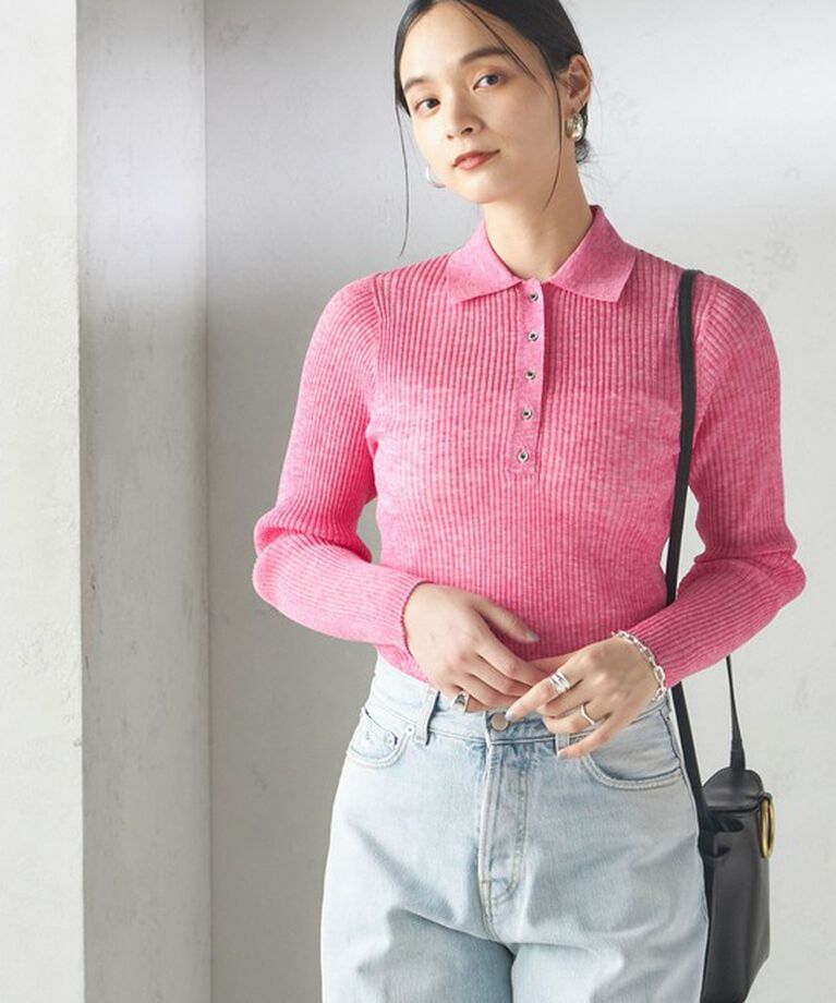 SHIPS for women「〈手洗い可能〉シアー リブ 長袖 ポロ ニット」|ニット・セーター|ピンク