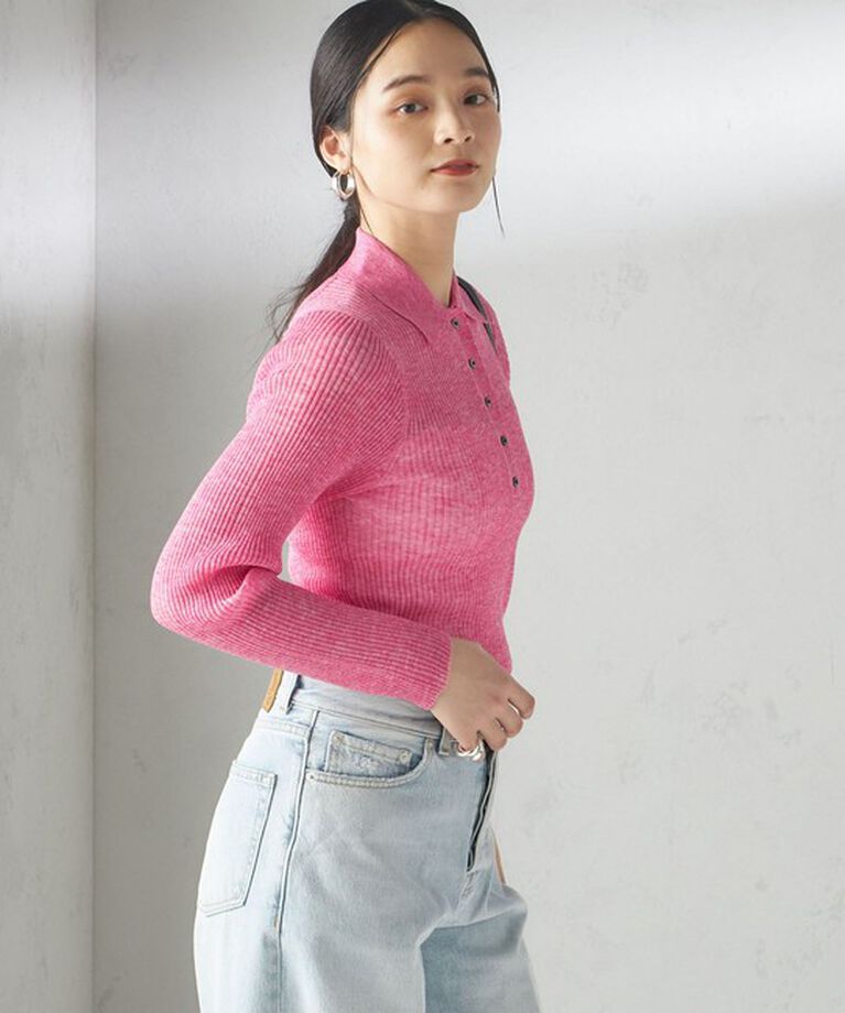 SHIPS for women「〈手洗い可能〉シアー リブ 長袖 ポロ ニット」|ニット・セーター|