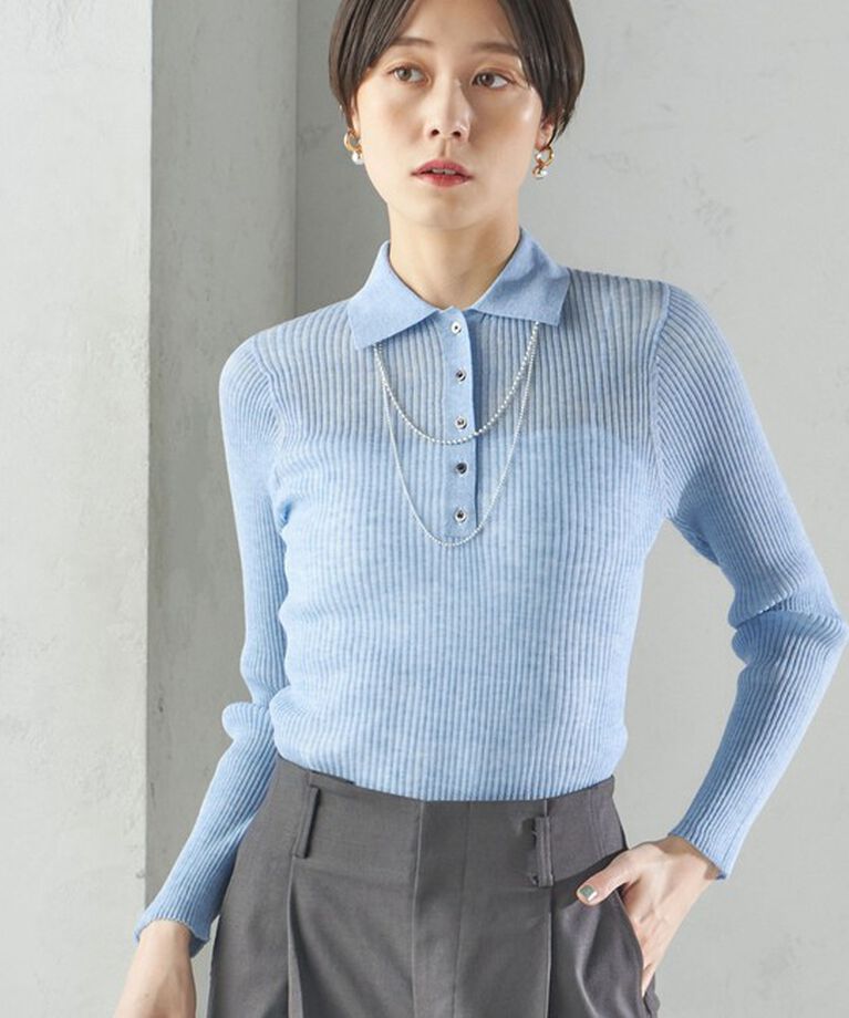 SHIPS for women「〈手洗い可能〉シアー リブ 長袖 ポロ ニット」|ニット・セーター|ライトブルー