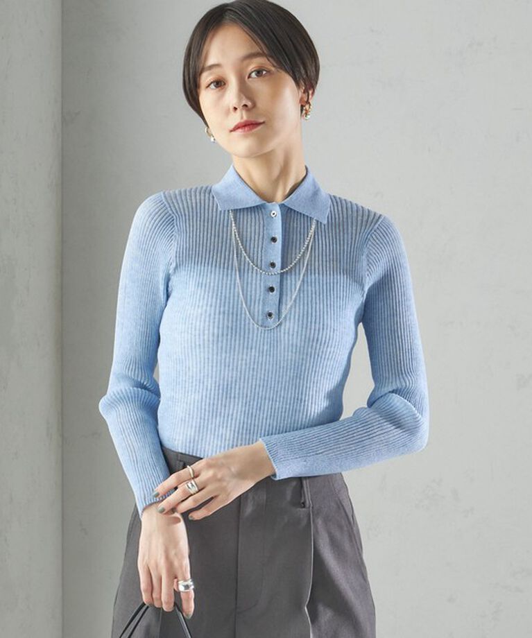 SHIPS for women「〈手洗い可能〉シアー リブ 長袖 ポロ ニット」|ニット・セーター|