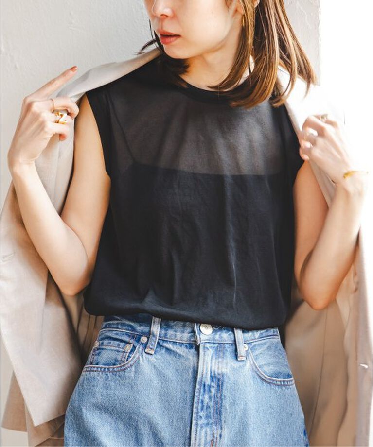 NOBLE「《追加予約2》シアースキニーノースリーブトップス」|Tシャツ・カットソー|ブラック