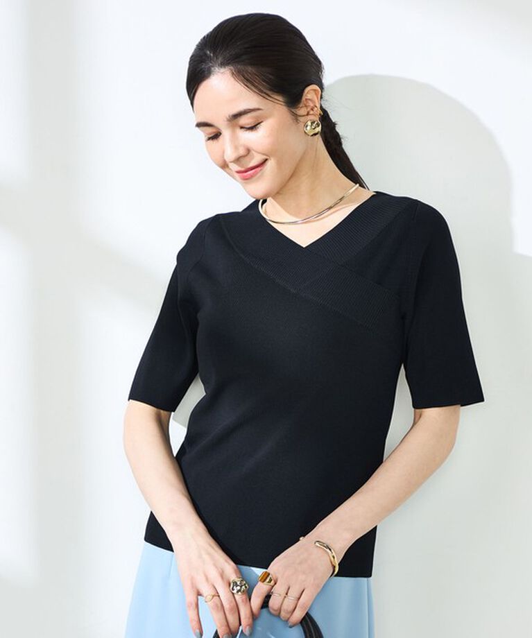 NOLLEY'S sophi「《手洗い可能》カシュクール風5分袖プルオーバーニット」|ニット・セーター|