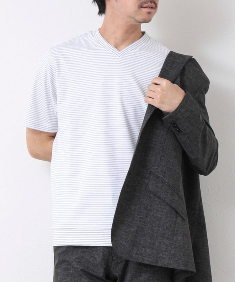 NOLLEY'S goodman「《ビジカジ対応》セミシルケットスムース ボーダー Vネック ドレスTシャツ 25SS」|Tシャツ・カットソー|ホワイト系その他
