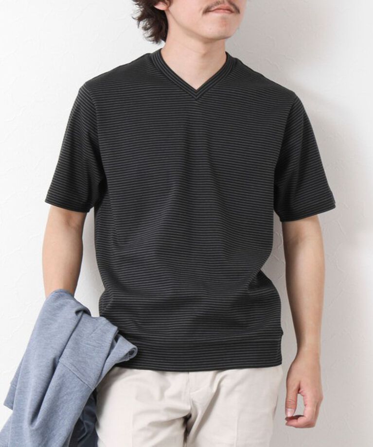NOLLEY'S goodman「《ビジカジ対応》セミシルケットスムース ボーダー Vネック ドレスTシャツ 25SS」|Tシャツ・カットソー|ブラック