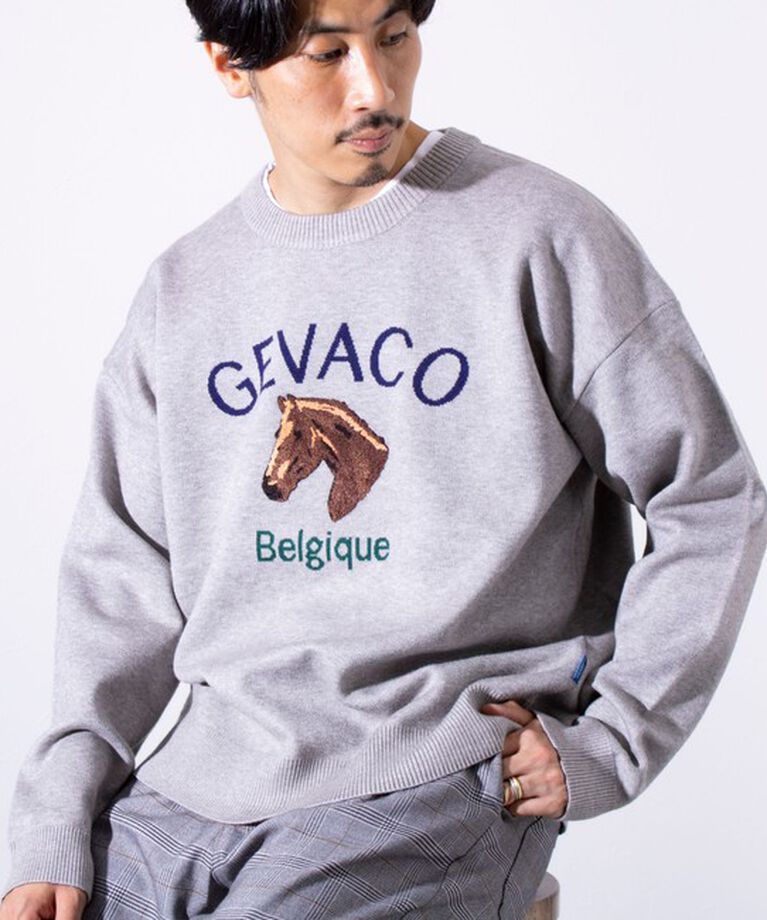 GLOSTER「【GEVACO/ゲバコ】ホースサガラ刺繍 プルオーバークルーネックニット UNISEX」|ニット・セーター|グレー