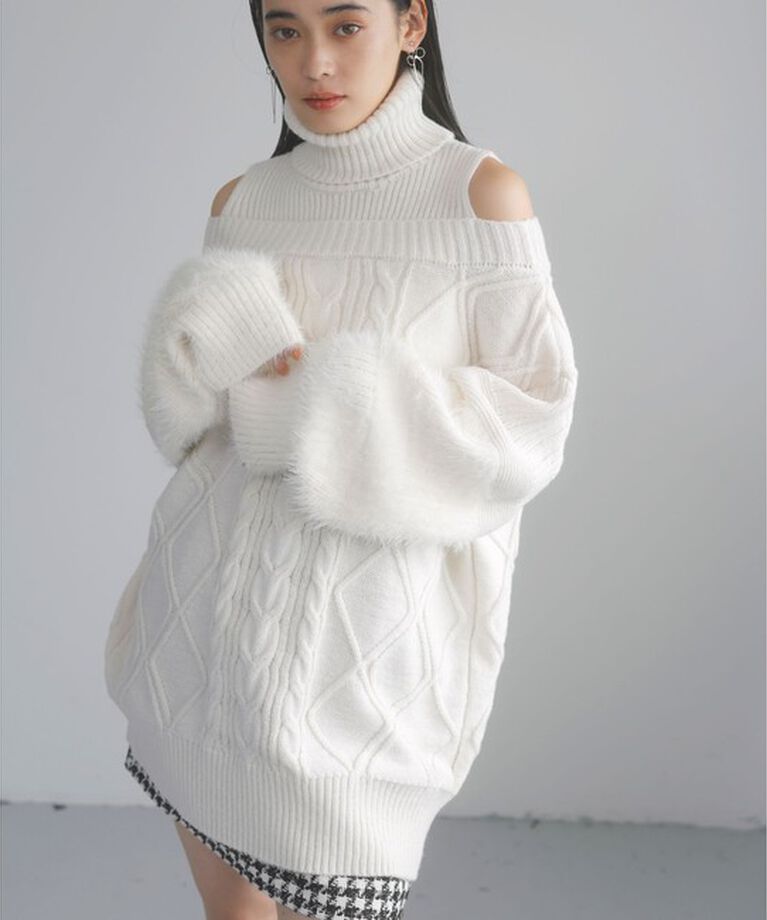 VIS「【洗える】オフショルケーブル編みミニワンピース」|ワンピース|シロサブ