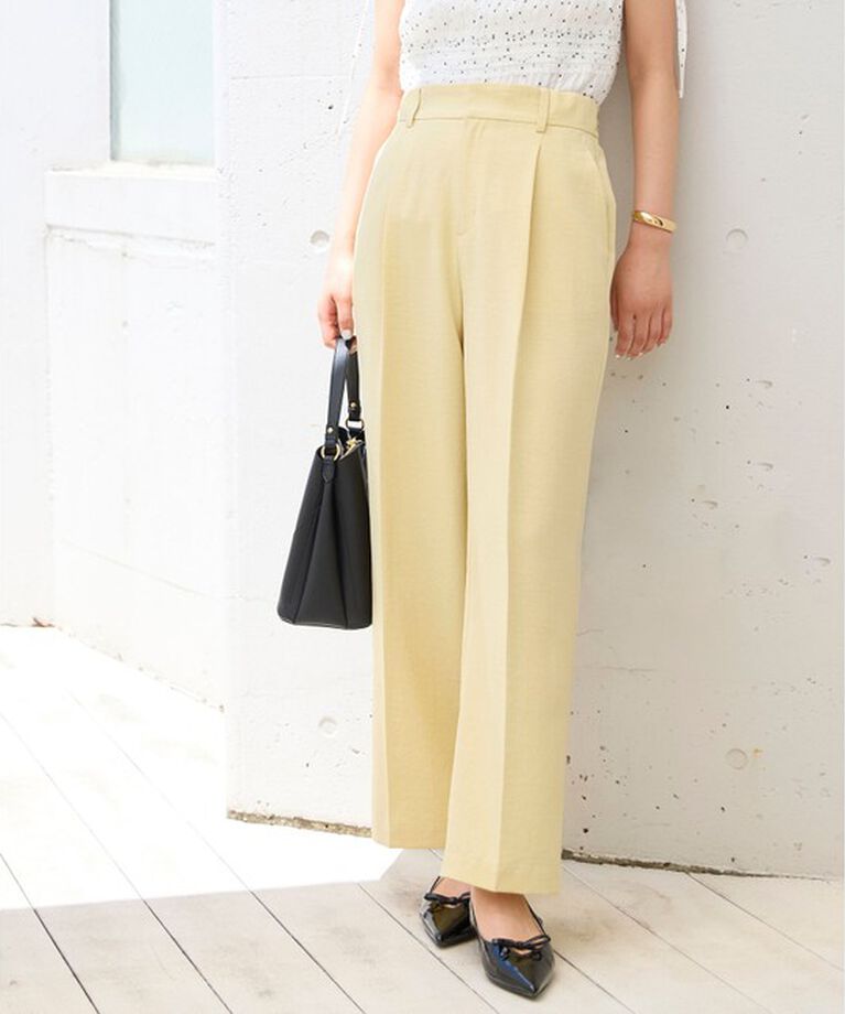 VIS「【新色追加】【美easy】リネンライクワンタックワイドスラックスパンツ【接触冷感/洗える】」|スラックス|イエロー系(82)