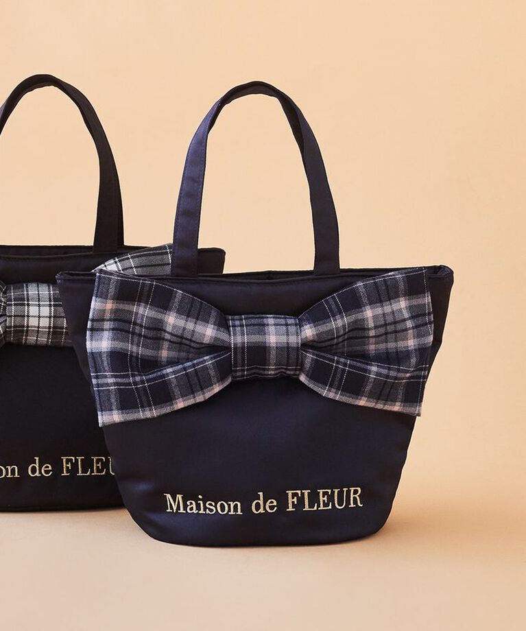 Maison de FLEUR「チェックリボンサテントートバッグ」|トートバッグ|ネイビー