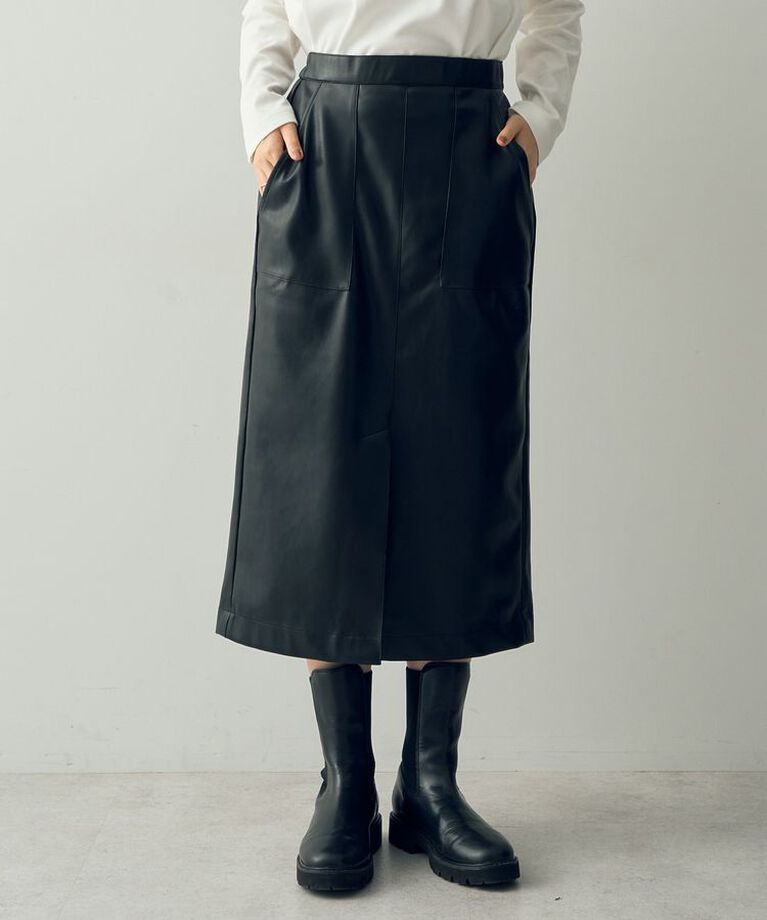 YECCA VECCA「フェイクレザースリットナロースカート②」|タイト|Black