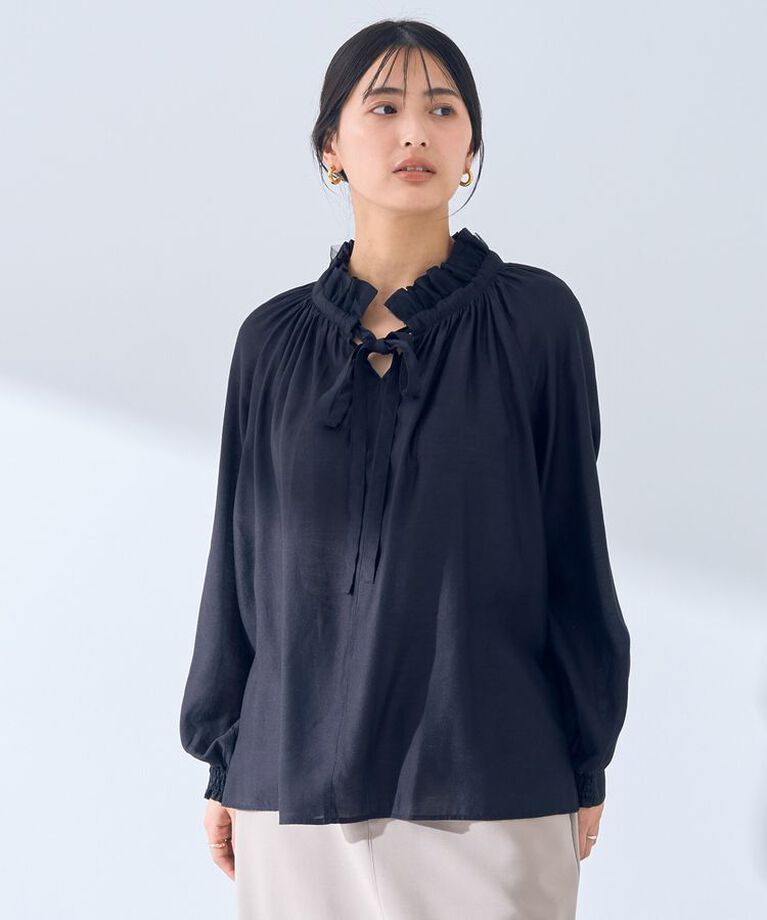 YECCA VECCA「スタンドカラーシアーリボンブラウス」|シャツ・ブラウス|Black