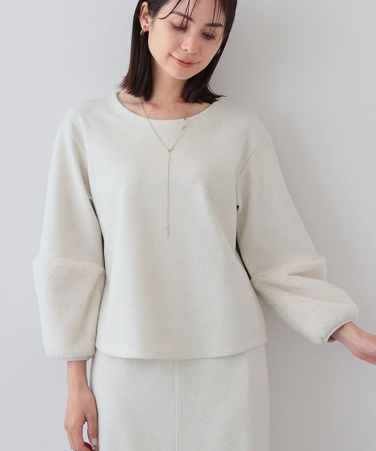 INDIVI「【洗える／UVケア／SETUP可能】メランジ調フェイクファー切り替えトップス」|Tシャツ・カットソー|ｵﾌﾎﾜｲﾄ(903)