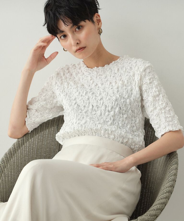 OPAQUE.CLIP「シャーリングレース5分袖カットソー【洗濯機洗い可】」|Tシャツ・カットソー|ホワイト(001)