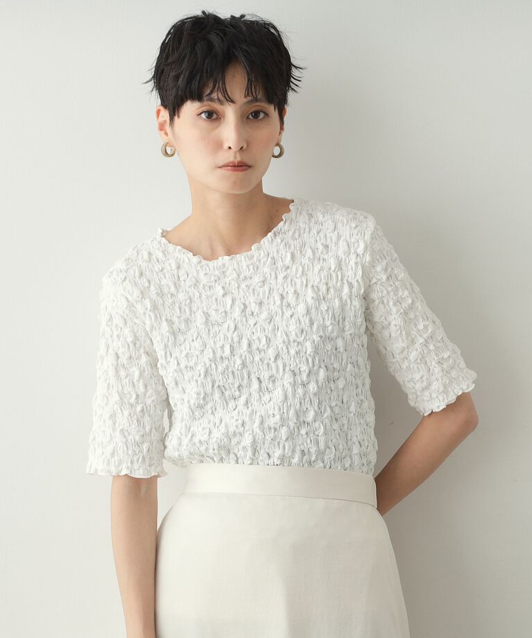 OPAQUE.CLIP「シャーリングレース5分袖カットソー【洗濯機洗い可】」|Tシャツ・カットソー|