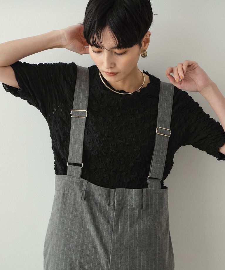 OPAQUE.CLIP「シャーリングレース5分袖カットソー【洗濯機洗い可】」|Tシャツ・カットソー|ブラック(019)