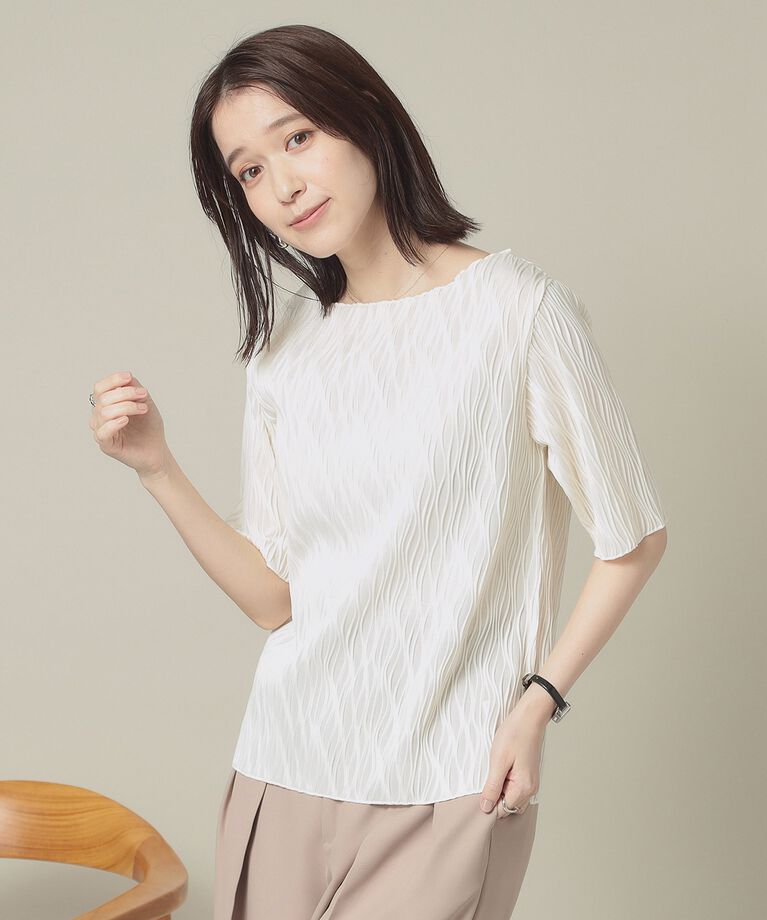 ITS’DEMO「【洗濯機OK】ジャカード5分袖プルオーバー」|Tシャツ・カットソー|オフホワイト(003