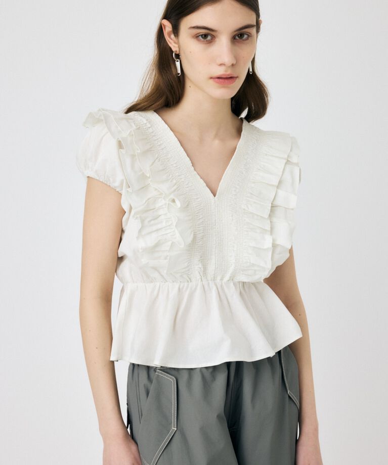 MOUSSY「SHOULDER フリルブラウス」|シャツ・ブラウス|WHT