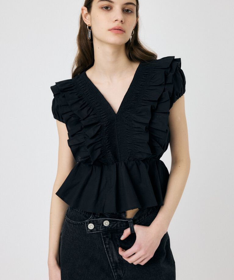 MOUSSY「SHOULDER フリルブラウス」|シャツ・ブラウス|BLK