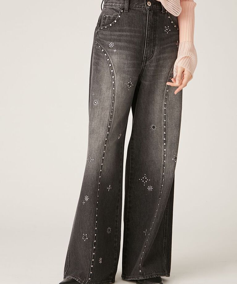 LILY BROWN「【WEB限定00サイズ】[L.B CANDY STOCK]ビジュースタッズワイドデニムパンツ」|デニム|BLK