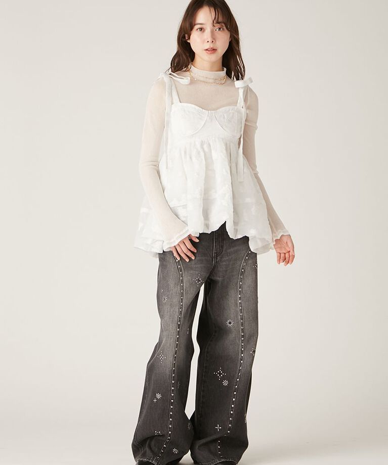 LILY BROWN「【WEB限定00サイズ】[L.B CANDY STOCK]ビジュースタッズワイドデニムパンツ」|デニム|