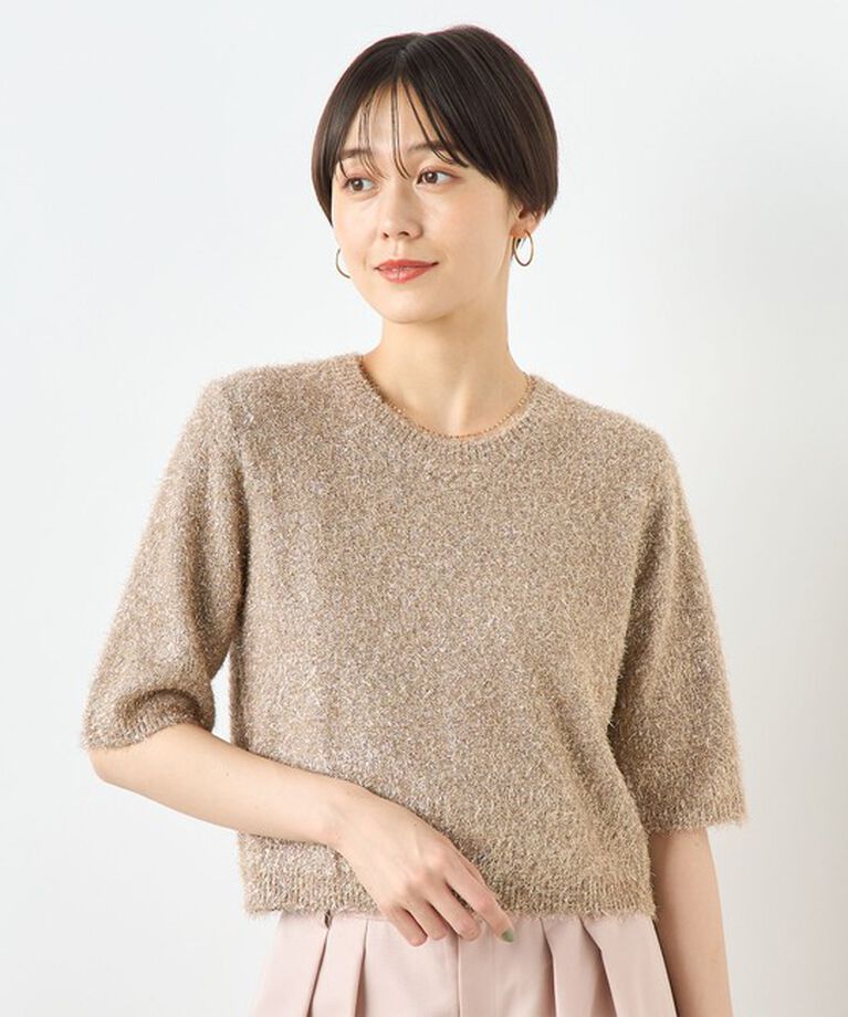 NOLLEY'S sophi「カシミヤ混キラキラフェザー5分袖プルオーバーニット」|ニット・セーター|キャメル