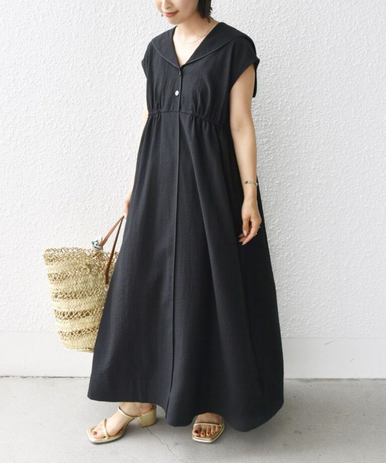 SHIPS for women「【WEB限定】〈手洗い可能〉セーラーカラー パイピング ロング ワンピース」|ワンピース|